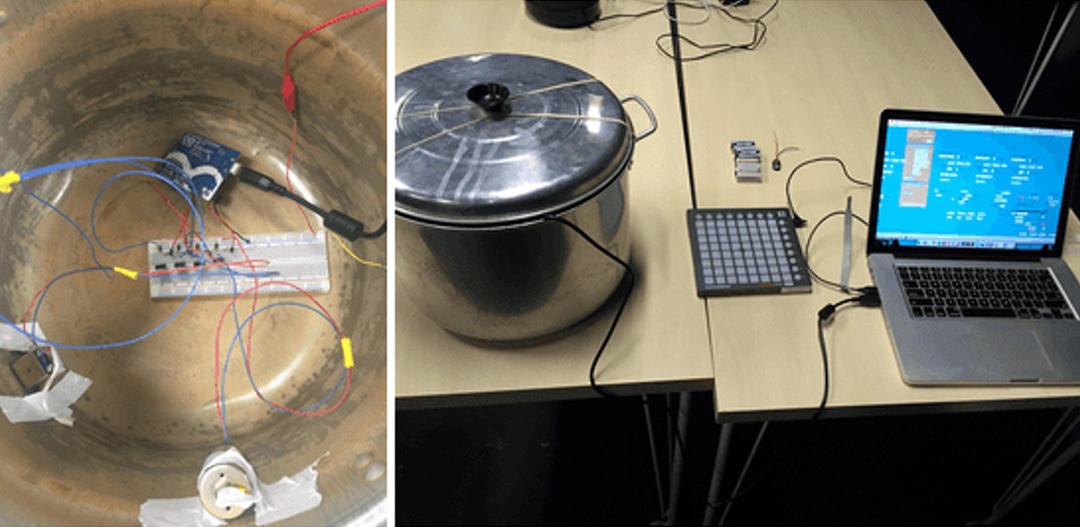 two photographs side by side. Inside the pot, a breadboard and taped solenoids run on red and blue wire; onstage, the lidded pot sits wired to a grid controller and a laptop on a folding table.