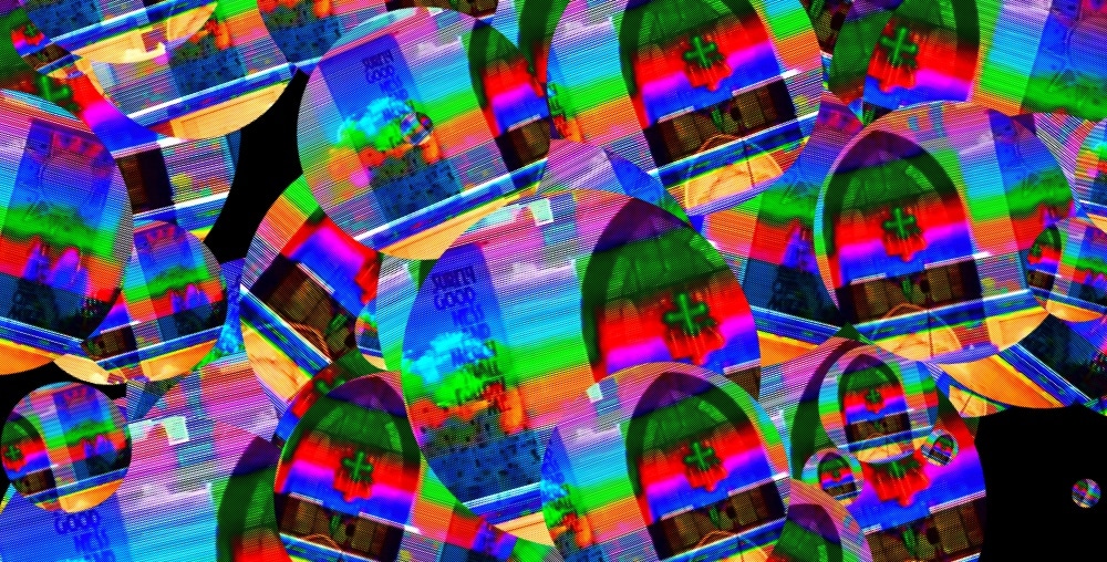 dozens of overlapping circles over black, each one a rainbow-banded scrap of the same photograph