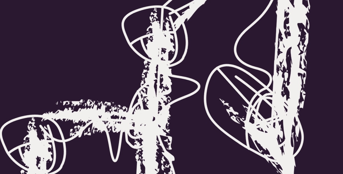 pale ribbon strokes loop across a deep plum field, one corner of the Steve Chab signature blown up until it fills the screen