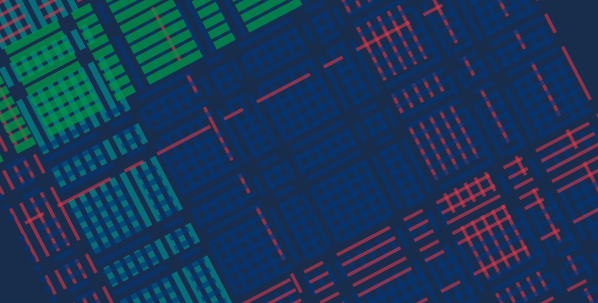 navy plaid tipped onto the diagonal, its red and green bands broken into running dashes, the Carnegie Mellon tartan redrawn in flat lines
