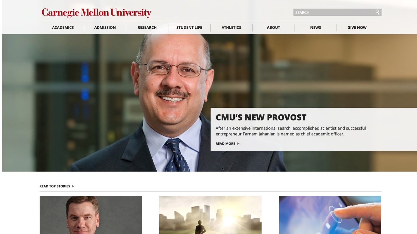 cmu.edu in 2015. The wordmark in red script above a dark tab bar, over a photograph of the new provost, with a headline card resting on the picture.