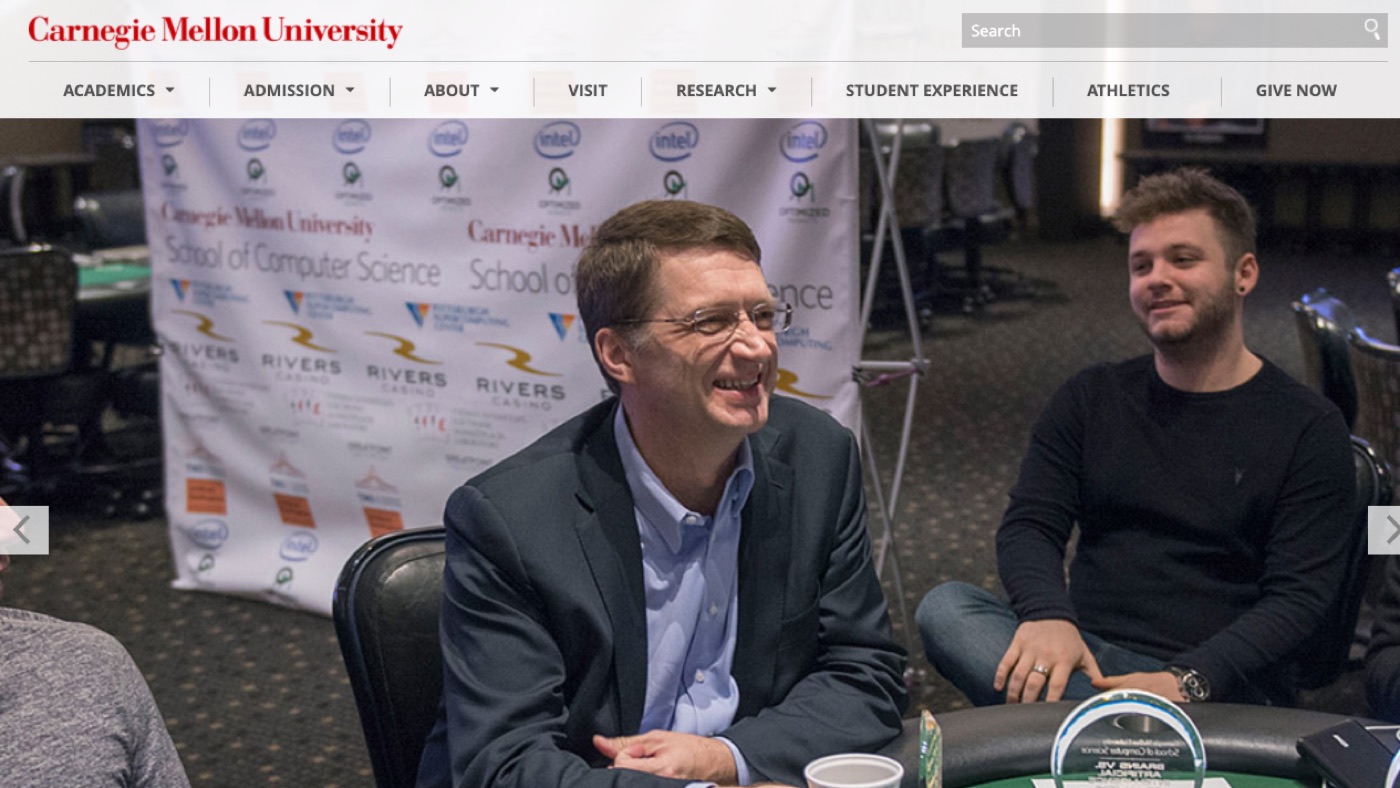 cmu.edu in 2016. A lighter bar of menus over a wide photograph of researchers at a poker table, with an arrow at each edge of the picture for the next story.