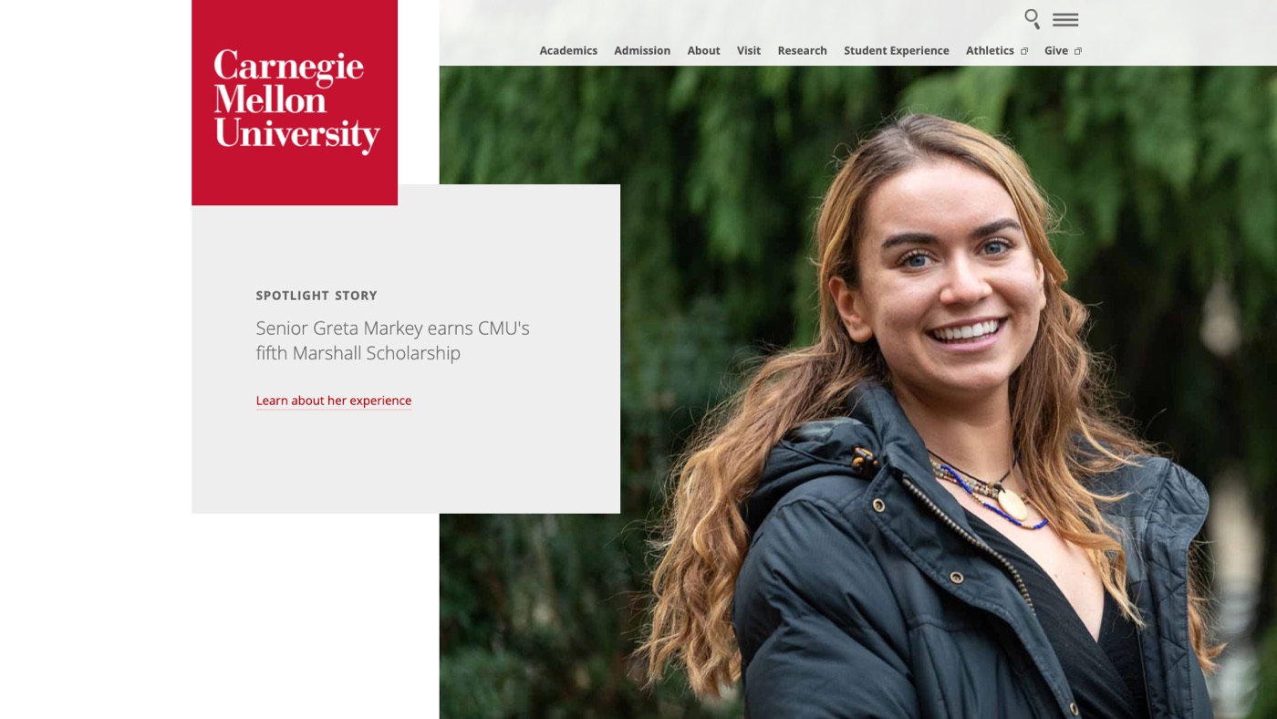 cmu.edu in 2019. The wordmark now stacked inside a red square pinned to the top left corner, over a photograph of a student, with a gray card of spotlight text beside her.