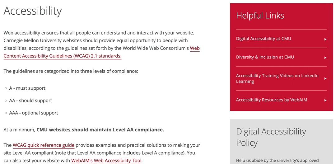 The Accessibility page on CMU's web branding site. Body text setting out the WCAG level the university holds itself to, a red panel of helpful links beside it, over the start of the Digital Accessibility Policy.