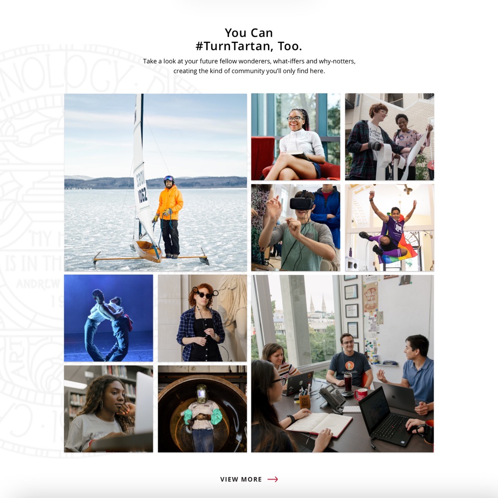 The agency comp. Flat mosaic of student photographs at mixed sizes under the heading You Can Turn Tartan, Too, with a view more link at the foot.