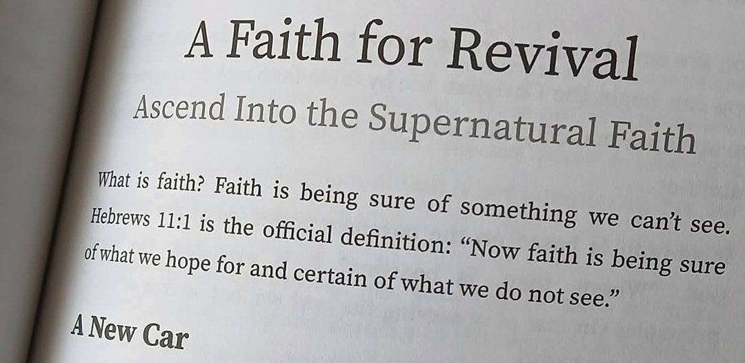 A page from a Manifest Ministries book, photographed open. The chapter title A Faith for Revival set in a display serif over its subtitle, with the opening scripture indented under it.