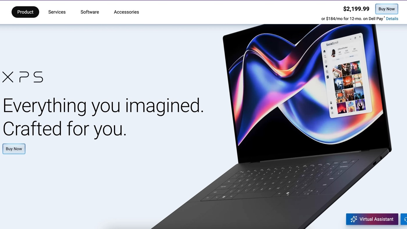 Opening screen of the XPS launch page. The XPS mark and the line Everything you imagined, crafted for you, beside an open laptop showing a twist of magenta and blue light.